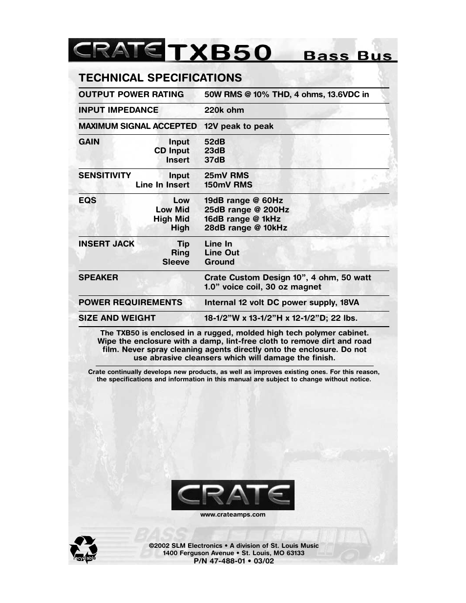 Technical specifications | Crate Amplifiers TXB50 User Manual | Page 12 / 12