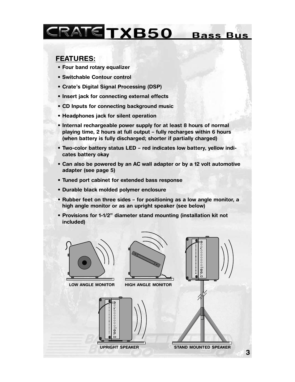 Features | Crate Amplifiers TXB50 User Manual | Page 3 / 12