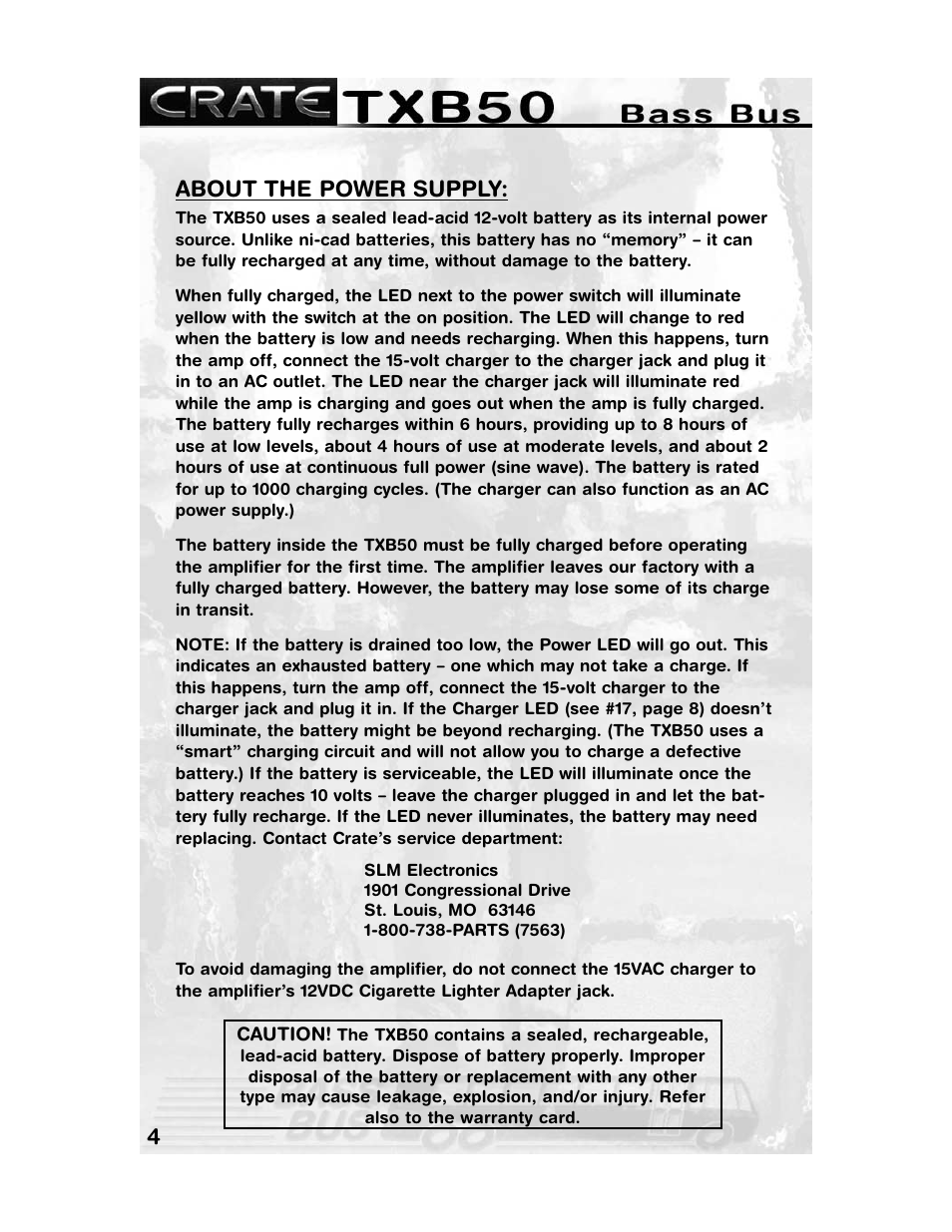 4about the power supply | Crate Amplifiers TXB50 User Manual | Page 4 / 12