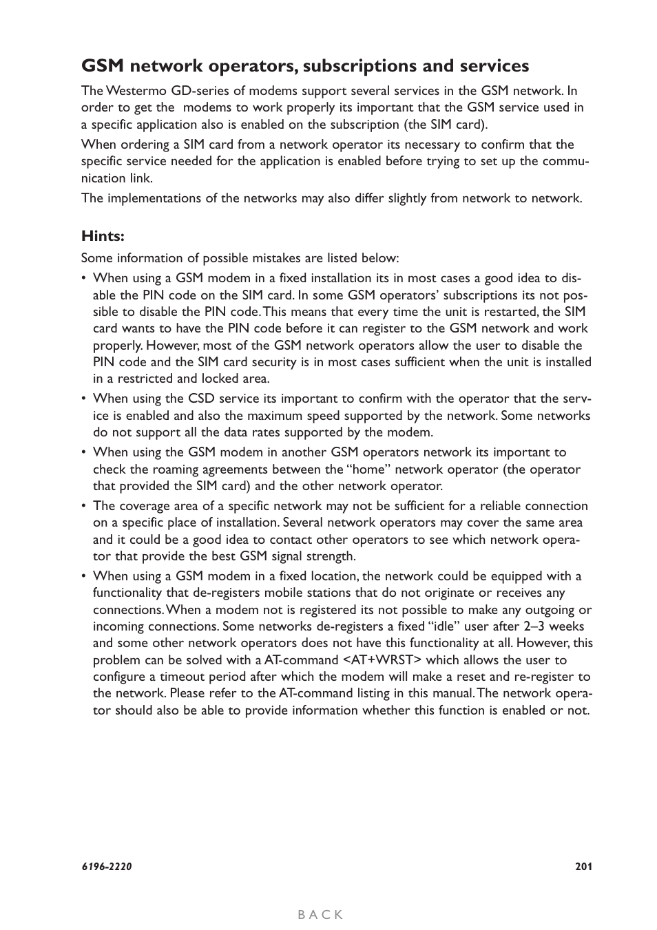 Gsm network operators, subscriptions and services | Westermo GD-01 User Manual | Page 201 / 206