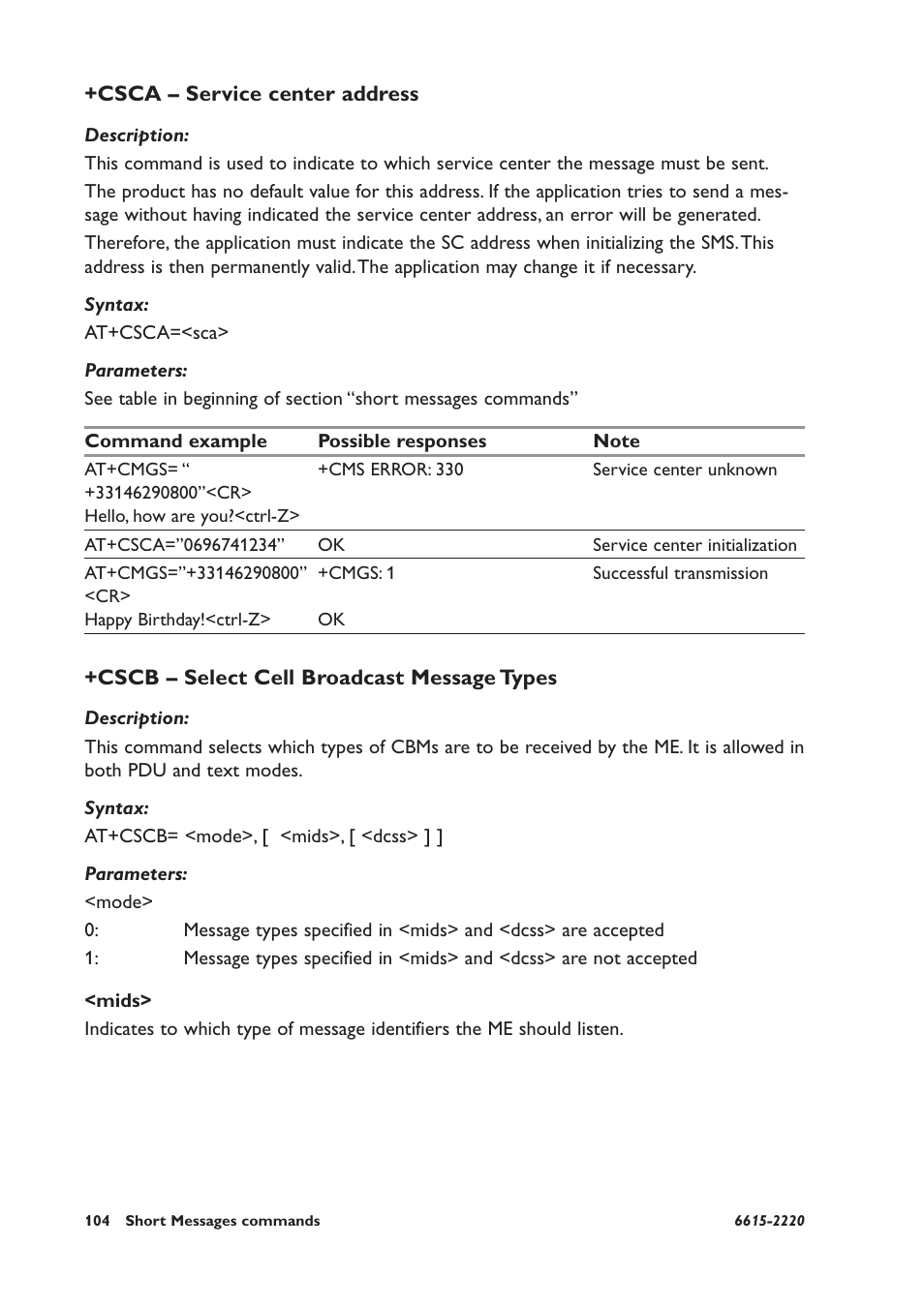 Csca – service center address, Cscb – select cell broadcast message types | Westermo GDW-11 User Manual | Page 104 / 380