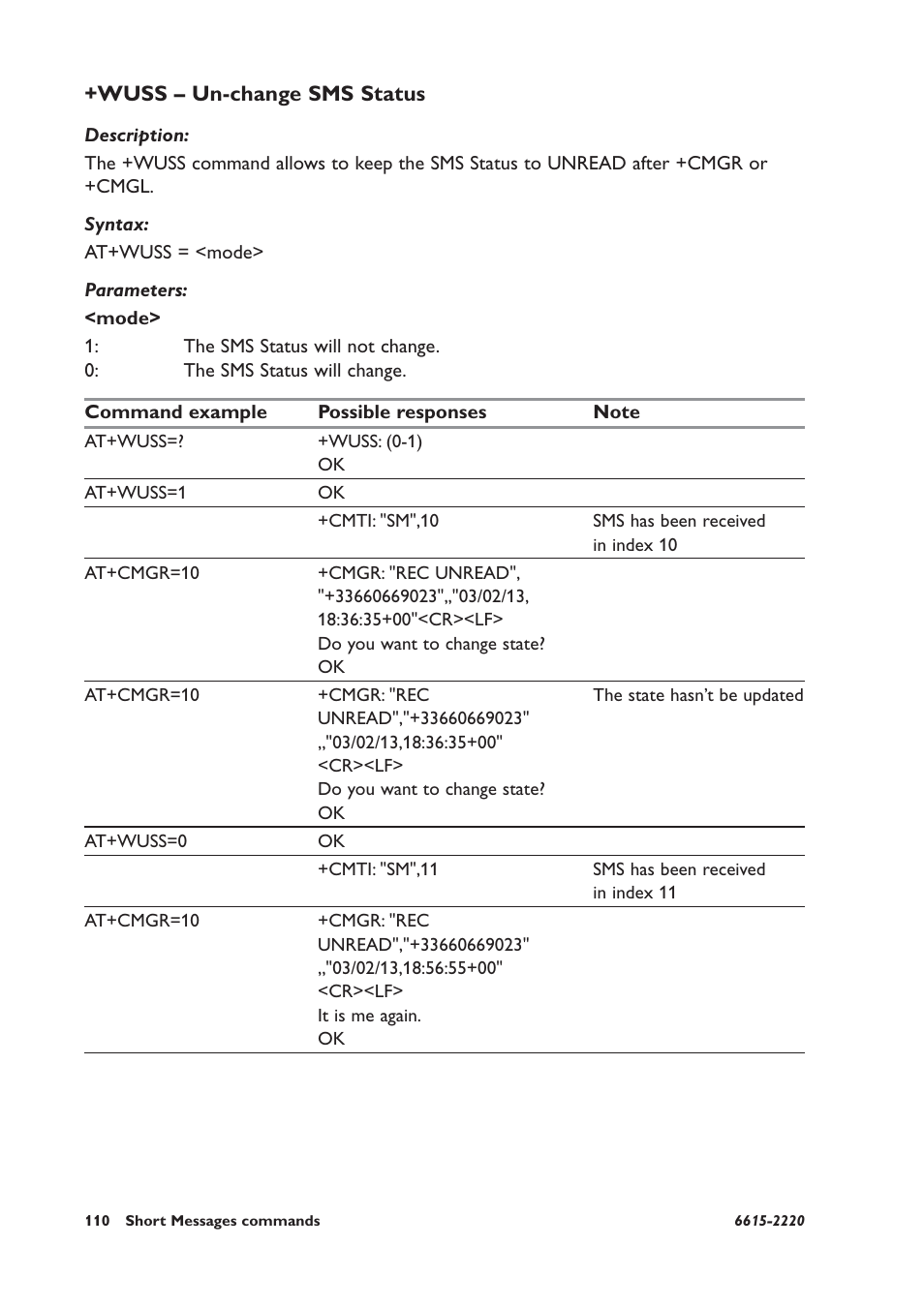 Wuss – un-change sms status | Westermo GDW-11 User Manual | Page 110 / 380