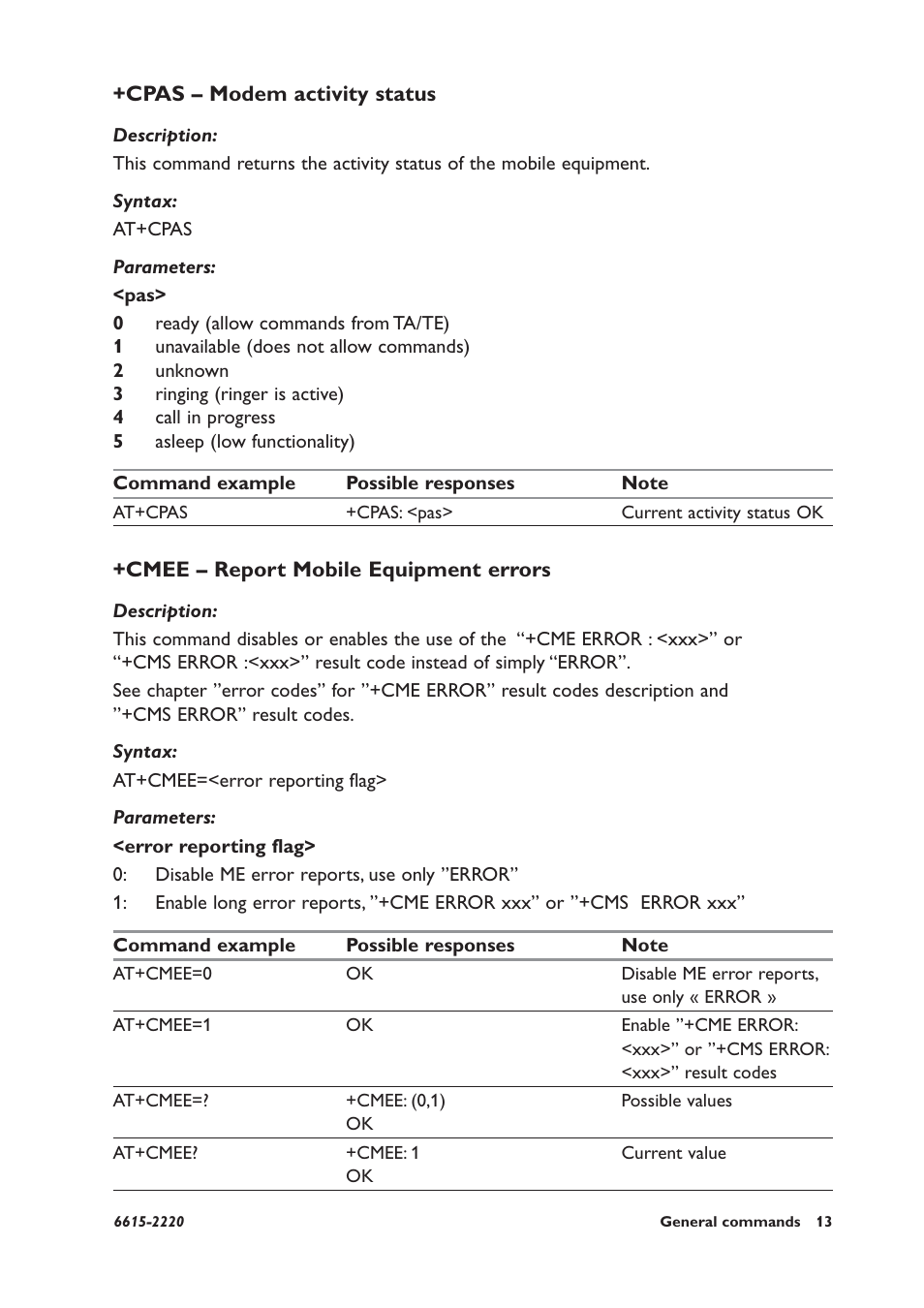 Cpas – modem activity status, Cmee – report mobile equipment errors | Westermo GDW-11 User Manual | Page 13 / 380