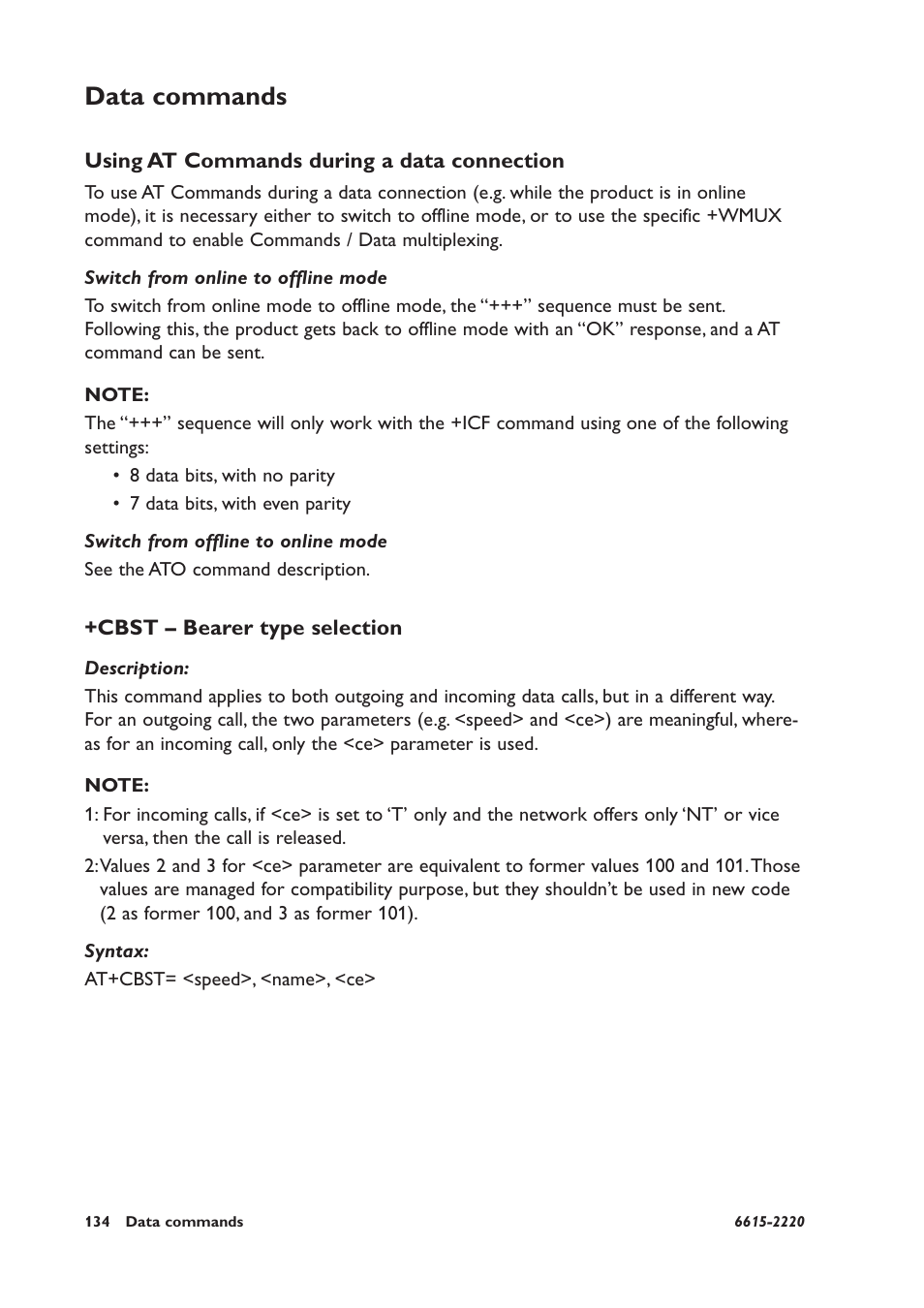 Data commands, Using at commands during a data connection, Cbst – bearer type selection | Westermo GDW-11 User Manual | Page 134 / 380