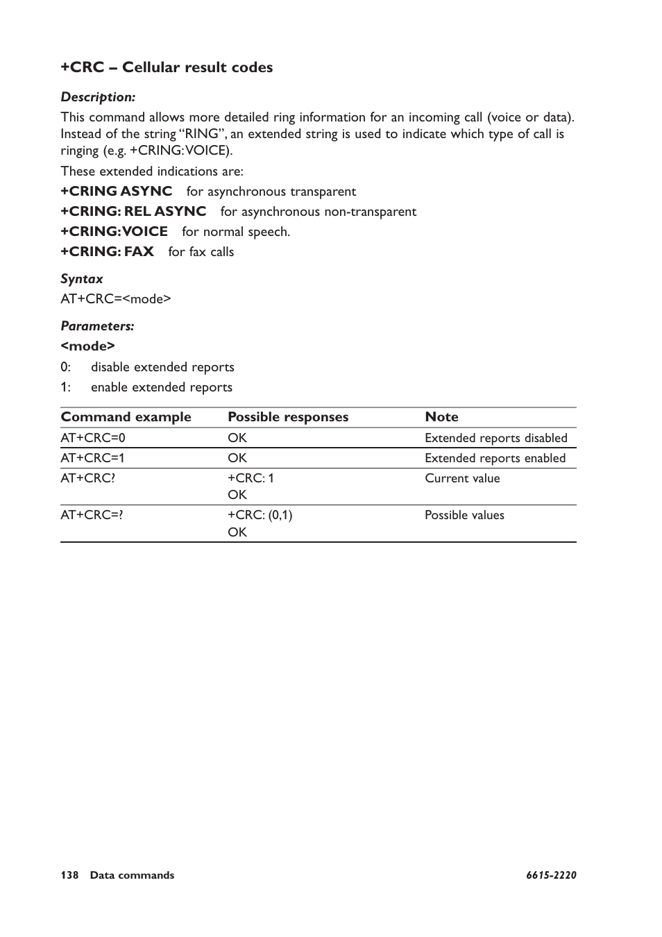 Crc – cellular result codes | Westermo GDW-11 User Manual | Page 138 / 380