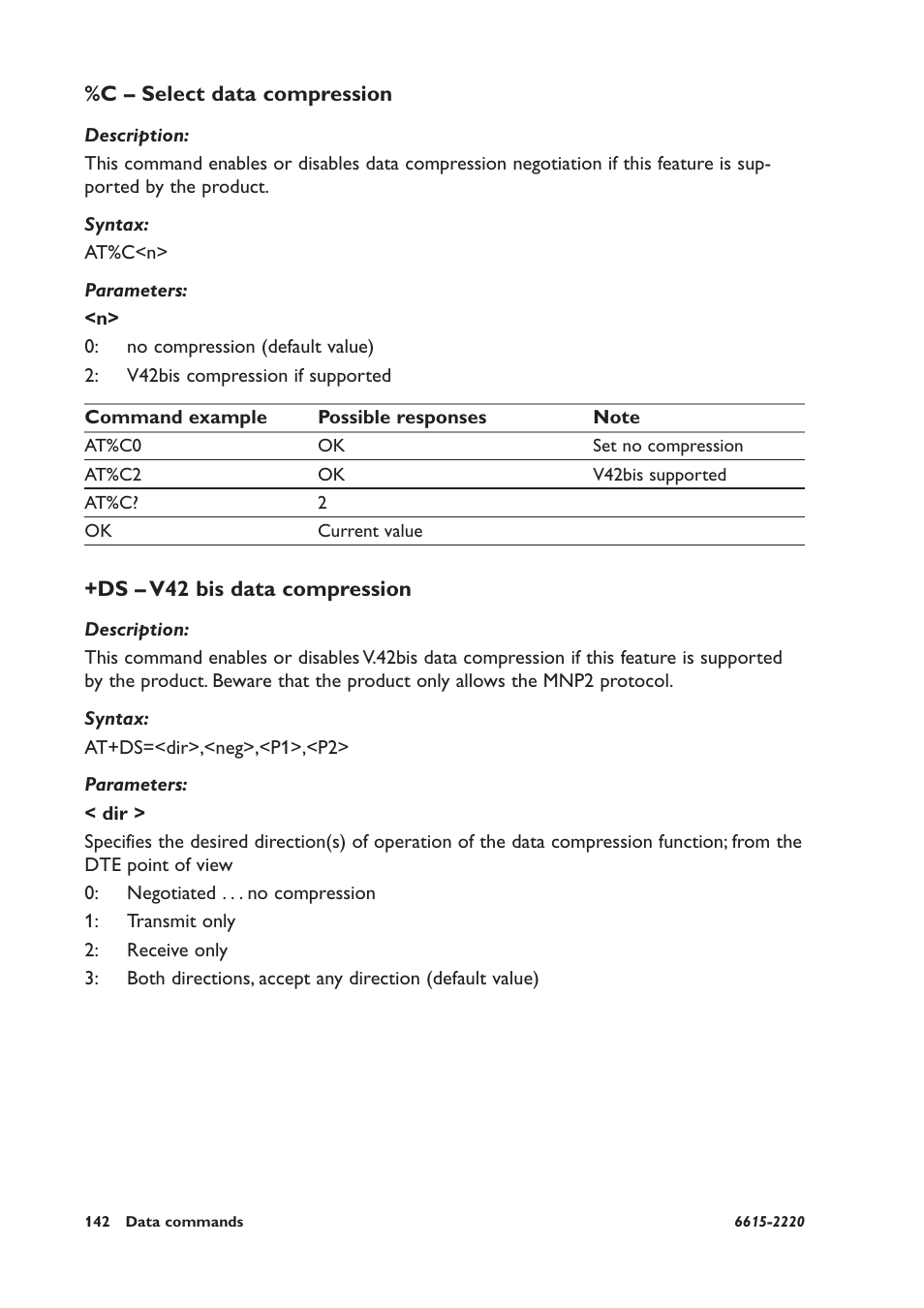 C – select data compression, Ds – v42 bis data compression | Westermo GDW-11 User Manual | Page 142 / 380