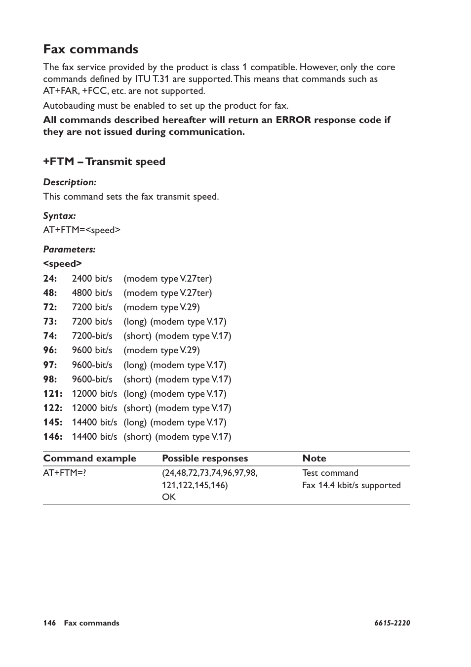 Fax commands, Ftm – transmit speed | Westermo GDW-11 User Manual | Page 146 / 380