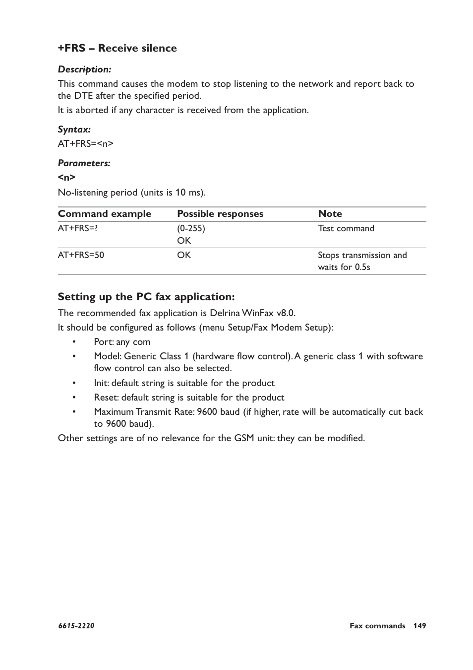 Frs – receive silence, Setting up the pc fax application | Westermo GDW-11 User Manual | Page 149 / 380