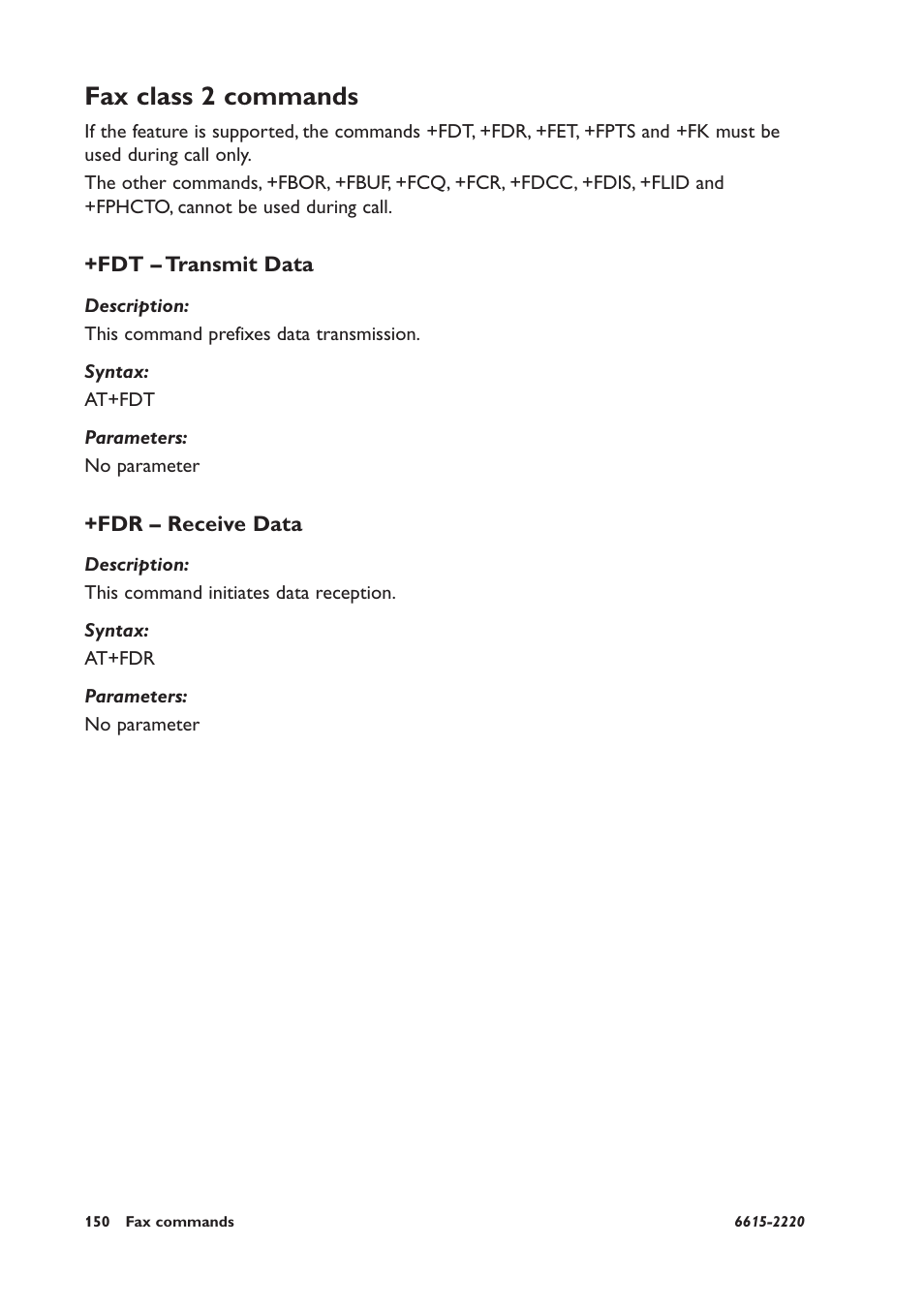 Fax class 2 commands, Fdt – transmit data, Fdr – receive data | Westermo GDW-11 User Manual | Page 150 / 380