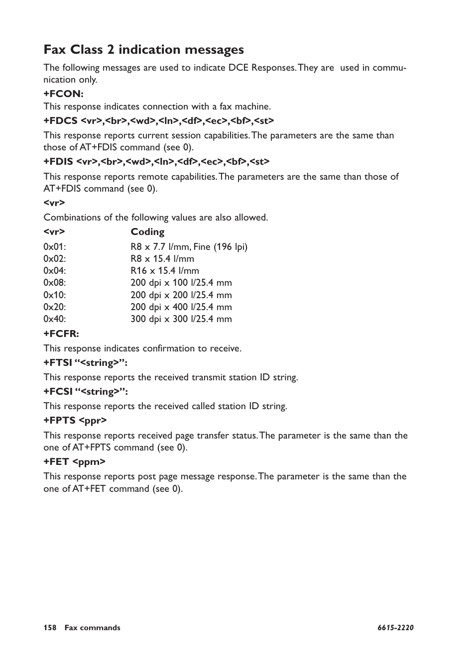 Fax class 2 indication messages, Fcon, Fdcs <vr>,<br>,<wd>,<ln>,<df>,<ec>,<bf>,<st | Fdis <vr>,<br>,<wd>,<ln>,<df>,<ec>,<bf>,<st, Fcfr, Ftsi “<string, Fcsi “<string, Fpts <ppr, Fet <ppm | Westermo GDW-11 User Manual | Page 158 / 380