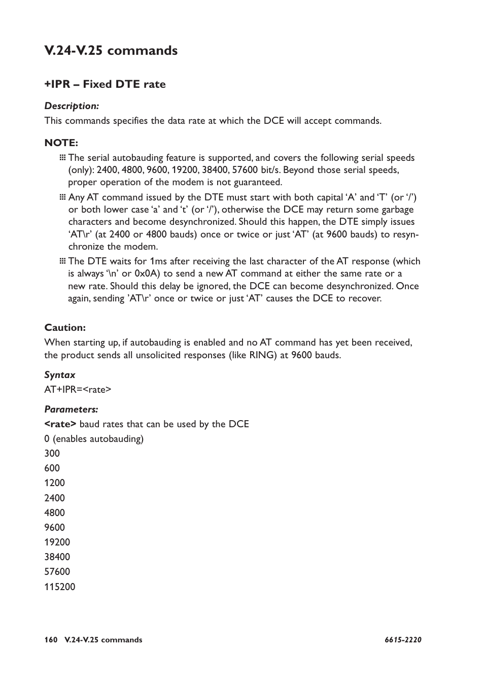 V.24-v.25 commands, Ipr – fixed dte rate | Westermo GDW-11 User Manual | Page 160 / 380
