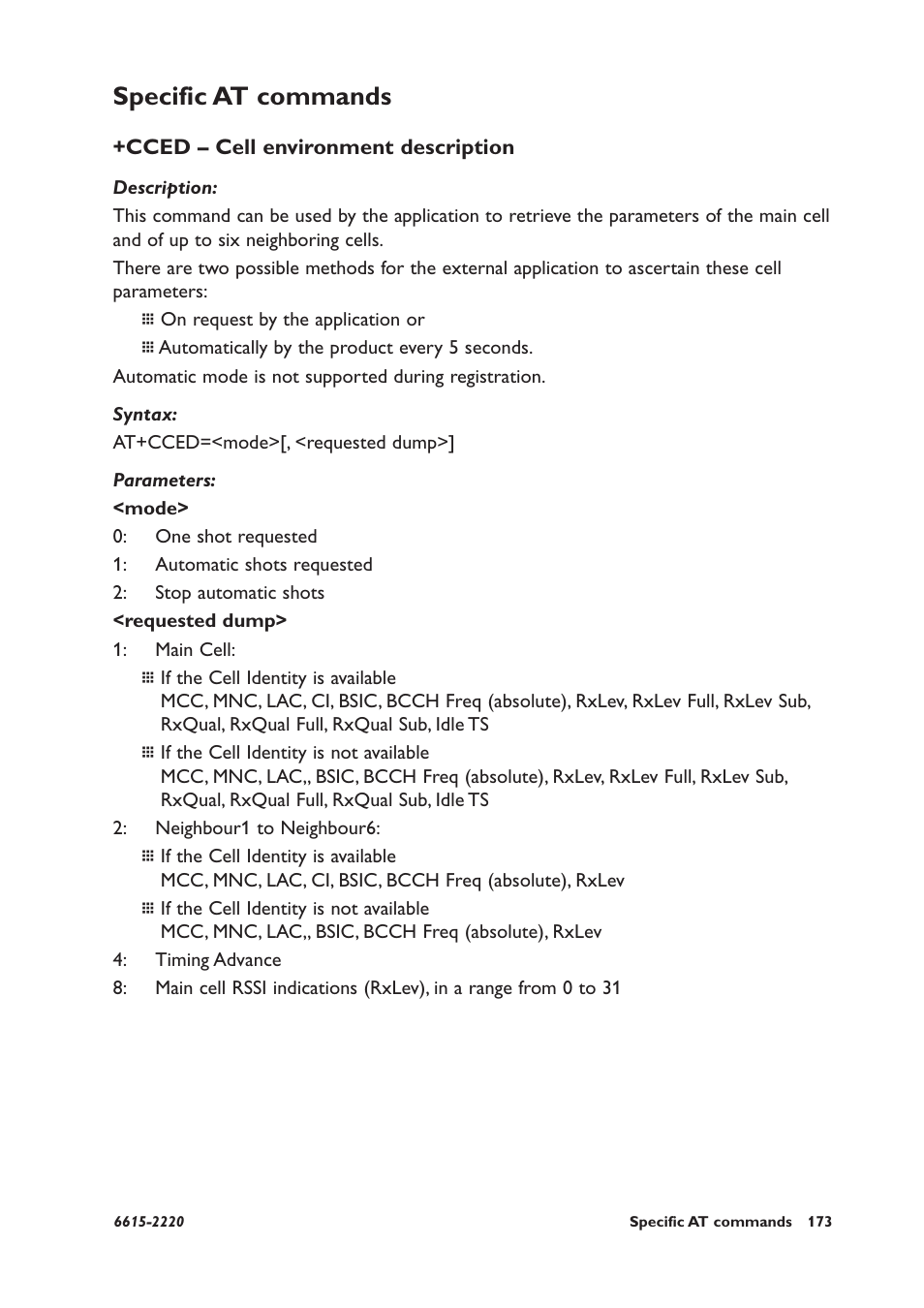 Specific at commands, Cced – cell environment description | Westermo GDW-11 User Manual | Page 173 / 380