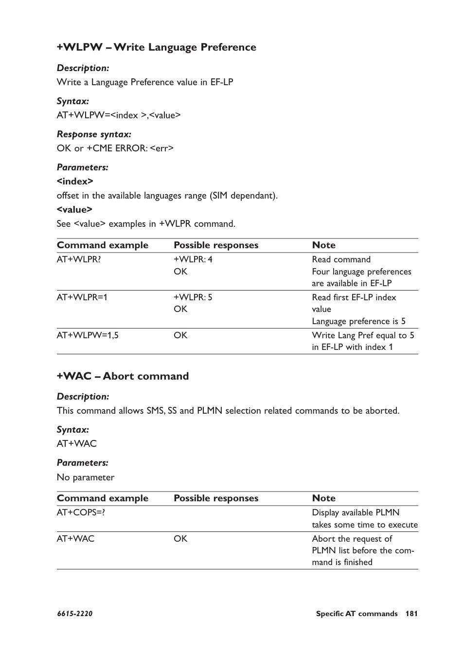Wlpw – write language preference, Wac – abort command | Westermo GDW-11 User Manual | Page 181 / 380