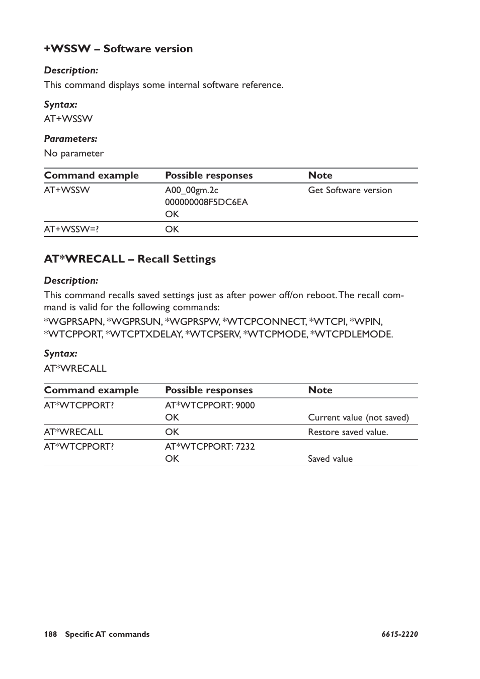 Wssw – software version, At*wrecall – recall settings | Westermo GDW-11 User Manual | Page 188 / 380