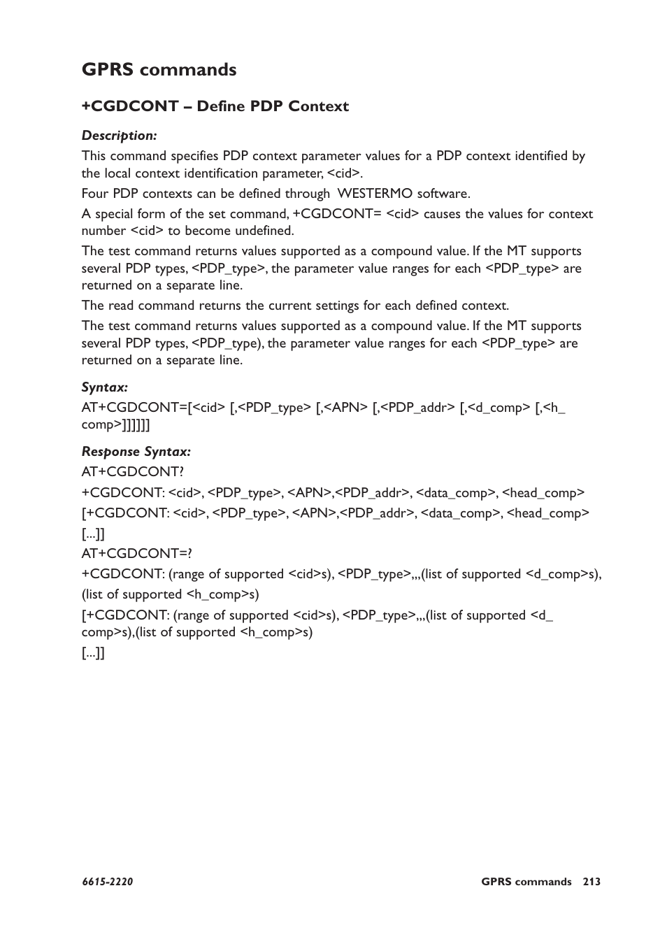 Gprs commands, Cgdcont – define pdp context | Westermo GDW-11 User Manual | Page 213 / 380