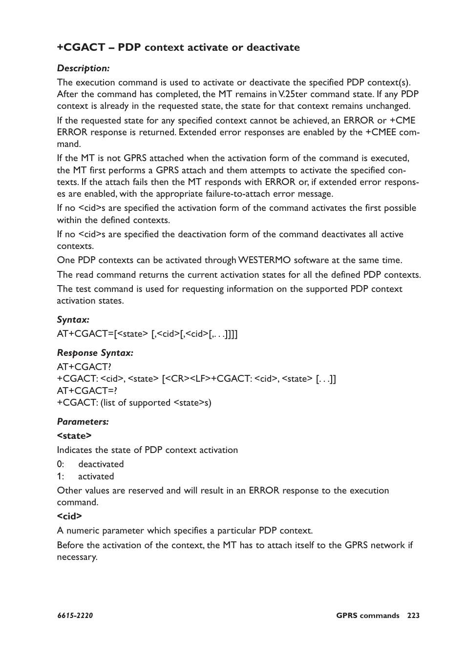 Cgact – pdp context activate or deactivate | Westermo GDW-11 User Manual | Page 223 / 380