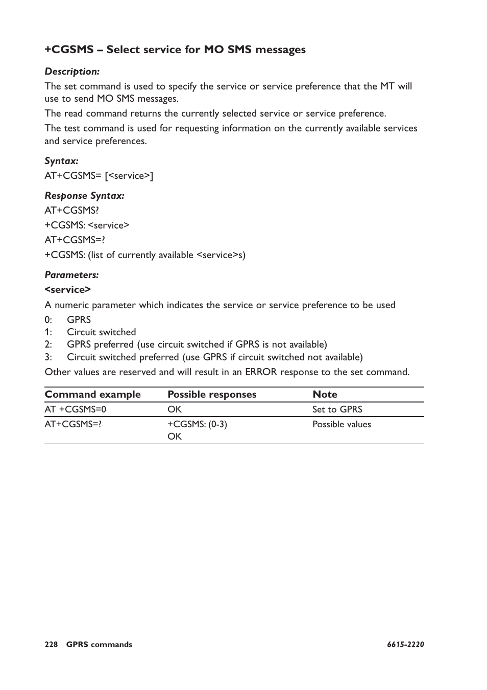 Cgsms – select service for mo sms messages | Westermo GDW-11 User Manual | Page 228 / 380