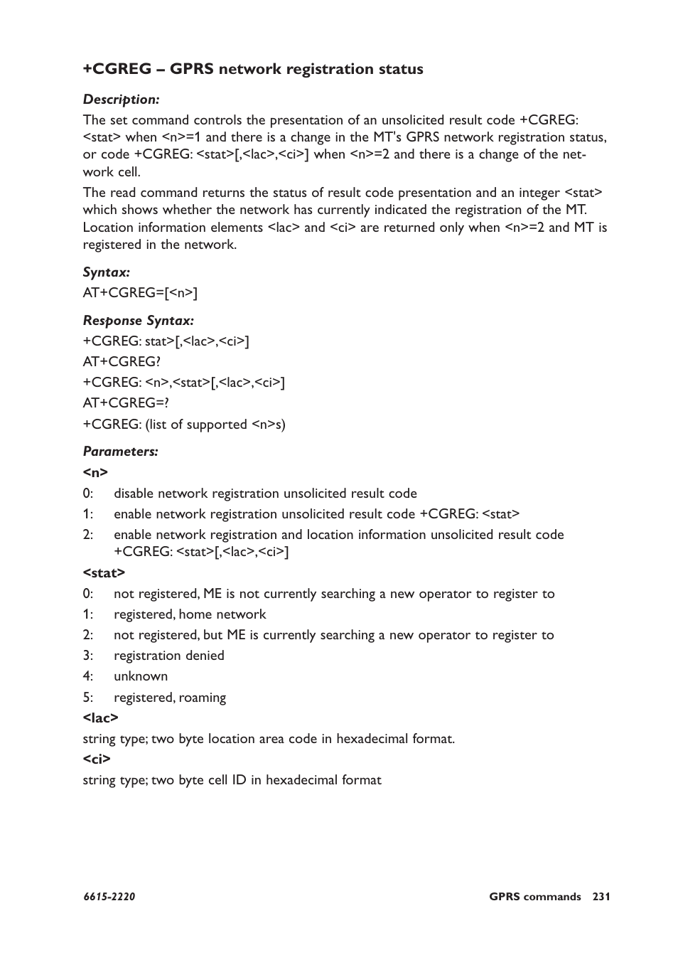 Cgreg – gprs network registration status | Westermo GDW-11 User Manual | Page 231 / 380