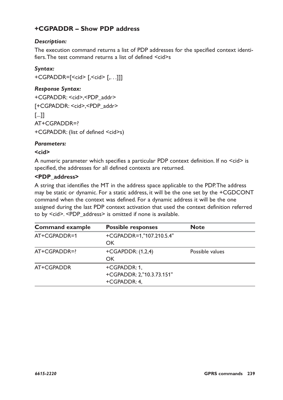 Cgpaddr – show pdp address | Westermo GDW-11 User Manual | Page 239 / 380