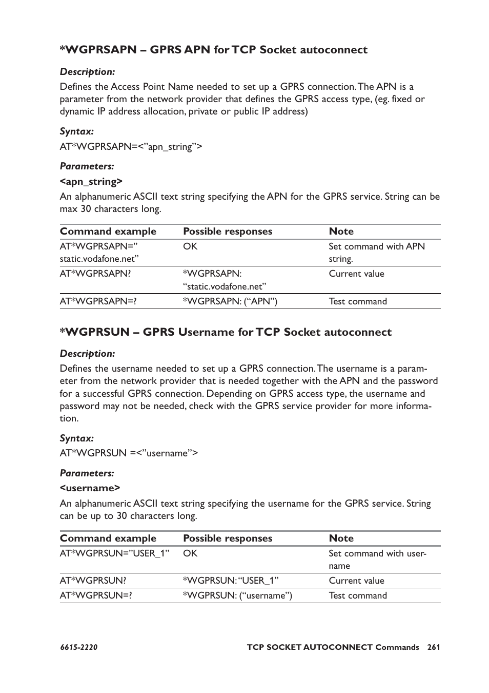 Wgprsapn – gprs apn for tcp socket autoconnect, Wgprsun – gprs username for tcp socket autoconnect | Westermo GDW-11 User Manual | Page 261 / 380