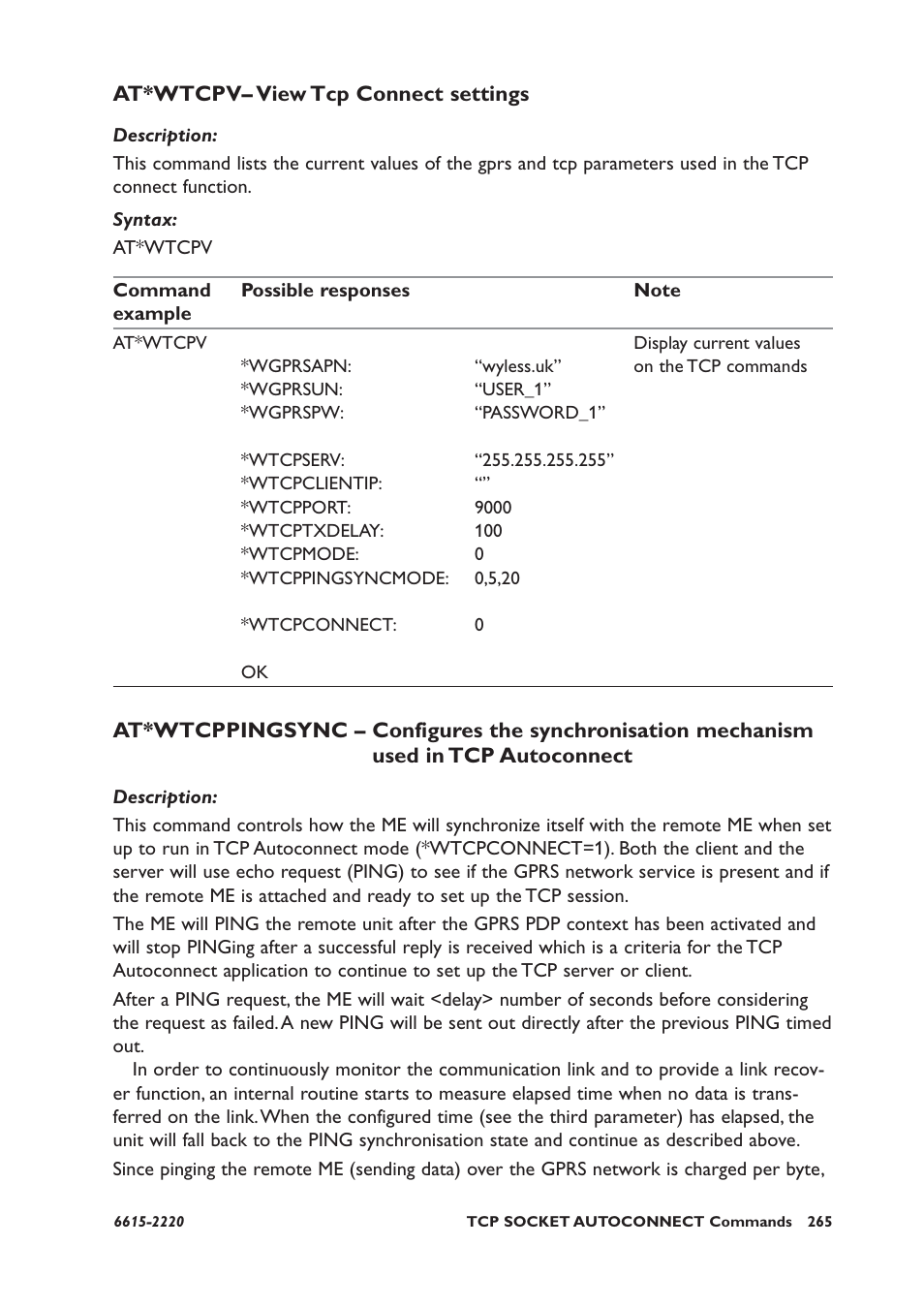 At*wtcpv– view tcp connect settings | Westermo GDW-11 User Manual | Page 265 / 380