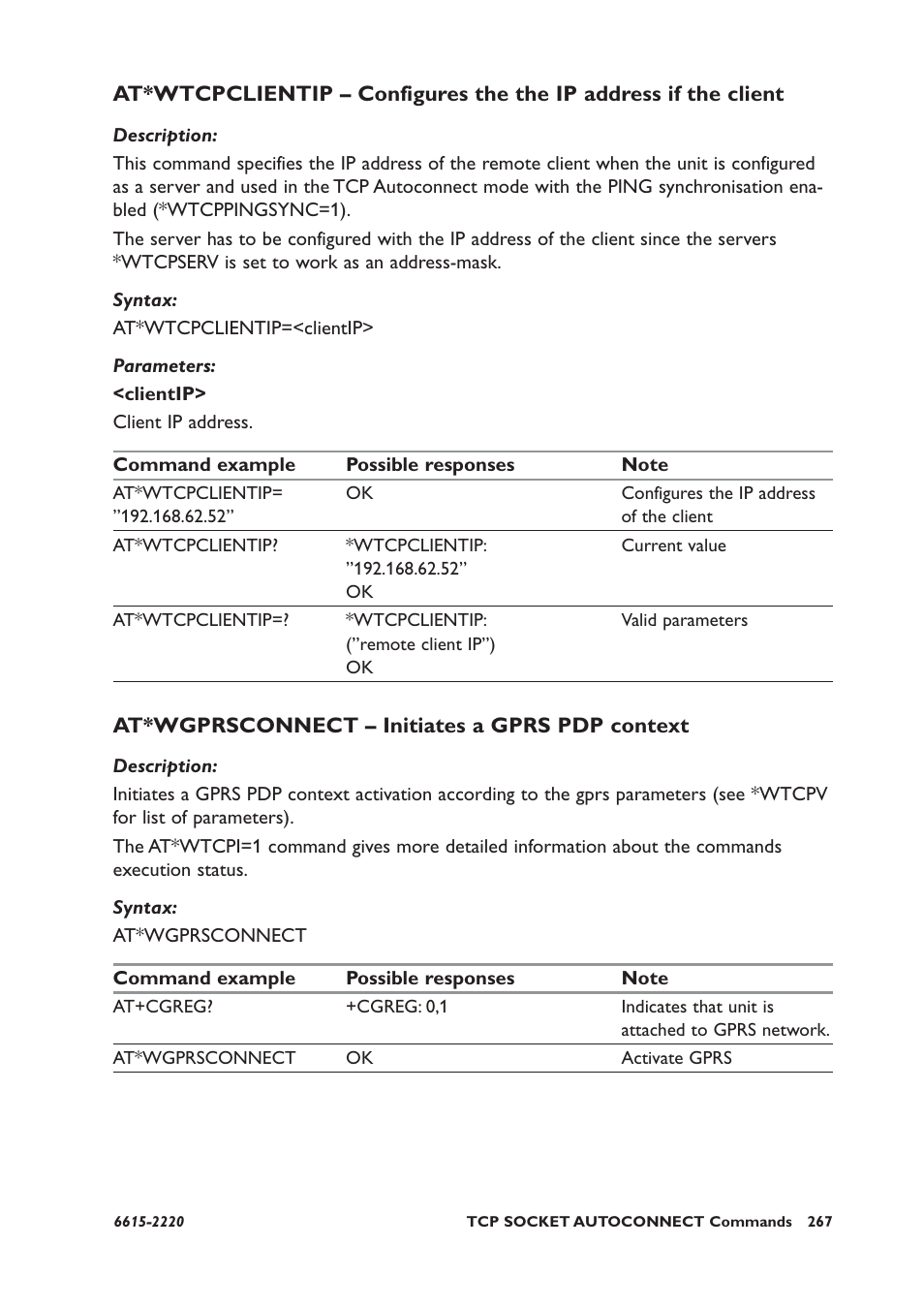 At*wgprsconnect – initiates a gprs pdp context | Westermo GDW-11 User Manual | Page 267 / 380