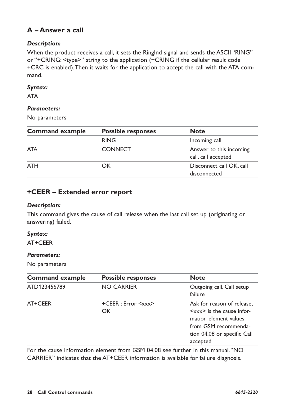 A – answer a call, Ceer – extended error report | Westermo GDW-11 User Manual | Page 28 / 380