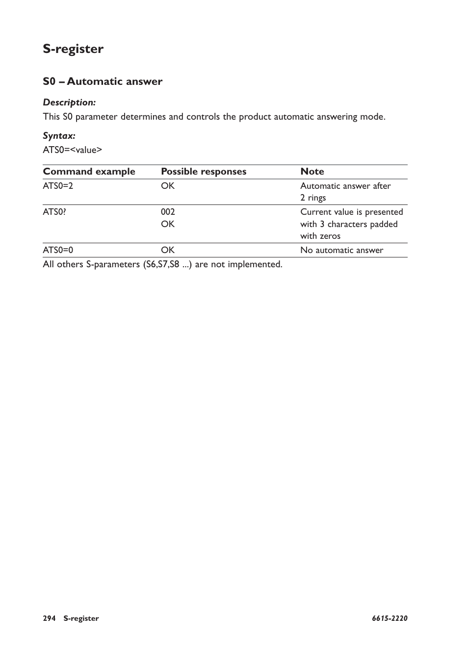 S-register, S0 – automatic answer | Westermo GDW-11 User Manual | Page 294 / 380