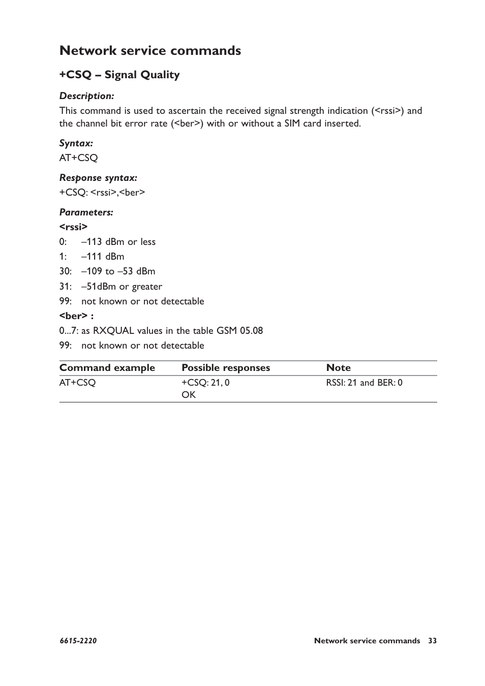 Network service commands, Csq – signal quality | Westermo GDW-11 User Manual | Page 33 / 380