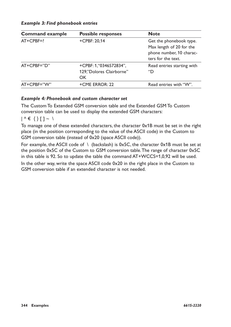 Example 3: find phonebook entries, Example 4: phonebook and custom character set | Westermo GDW-11 User Manual | Page 344 / 380