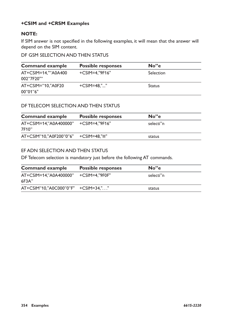 Csim and +crsm examples, Df gsm selection and then status, Df telecom selection and then status | Ef adn selection and then status | Westermo GDW-11 User Manual | Page 354 / 380