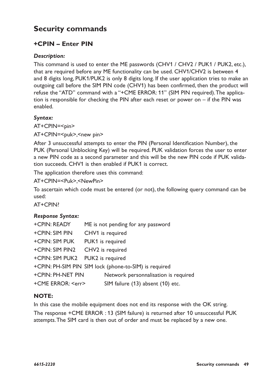 Security commands, Cpin – enter pin | Westermo GDW-11 User Manual | Page 49 / 380