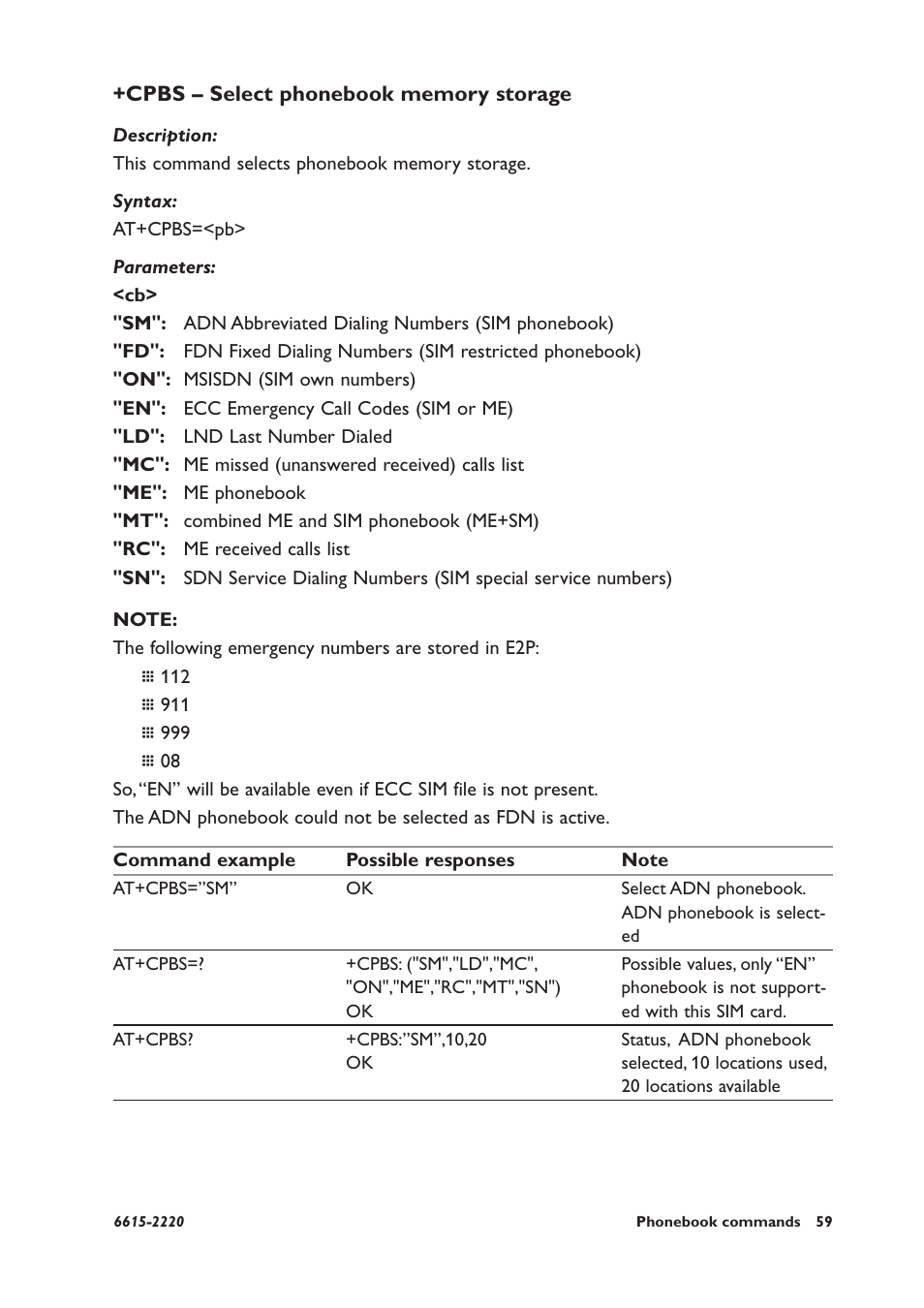 Cpbs – select phonebook memory storage | Westermo GDW-11 User Manual | Page 59 / 380