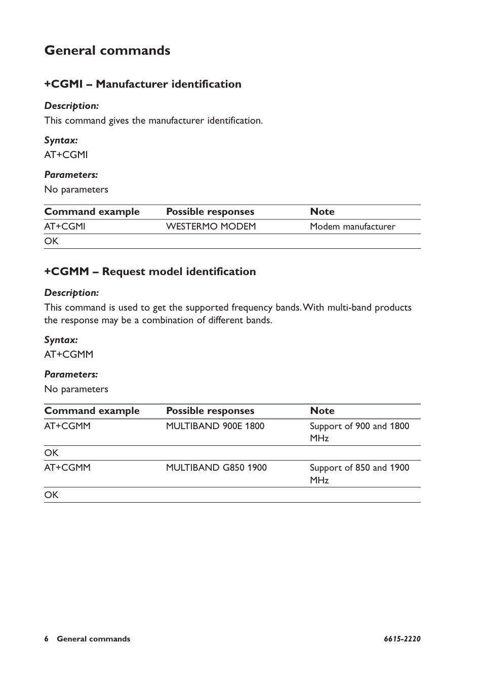 General commands, Cgmm – request model identification | Westermo GDW-11 User Manual | Page 6 / 380