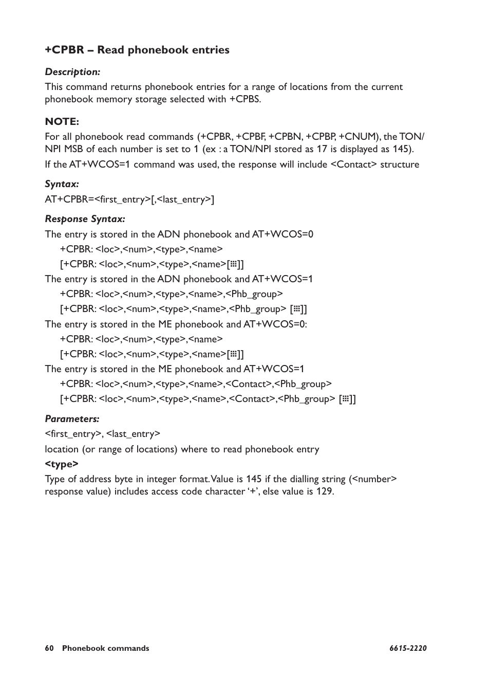 Cpbr – read phonebook entries | Westermo GDW-11 User Manual | Page 60 / 380