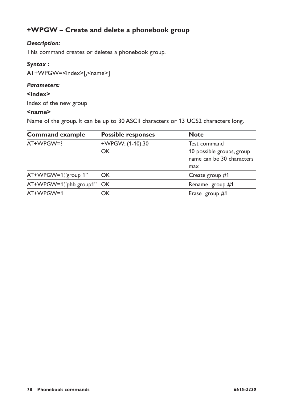 Wpgw – create and delete a phonebook group | Westermo GDW-11 User Manual | Page 78 / 380