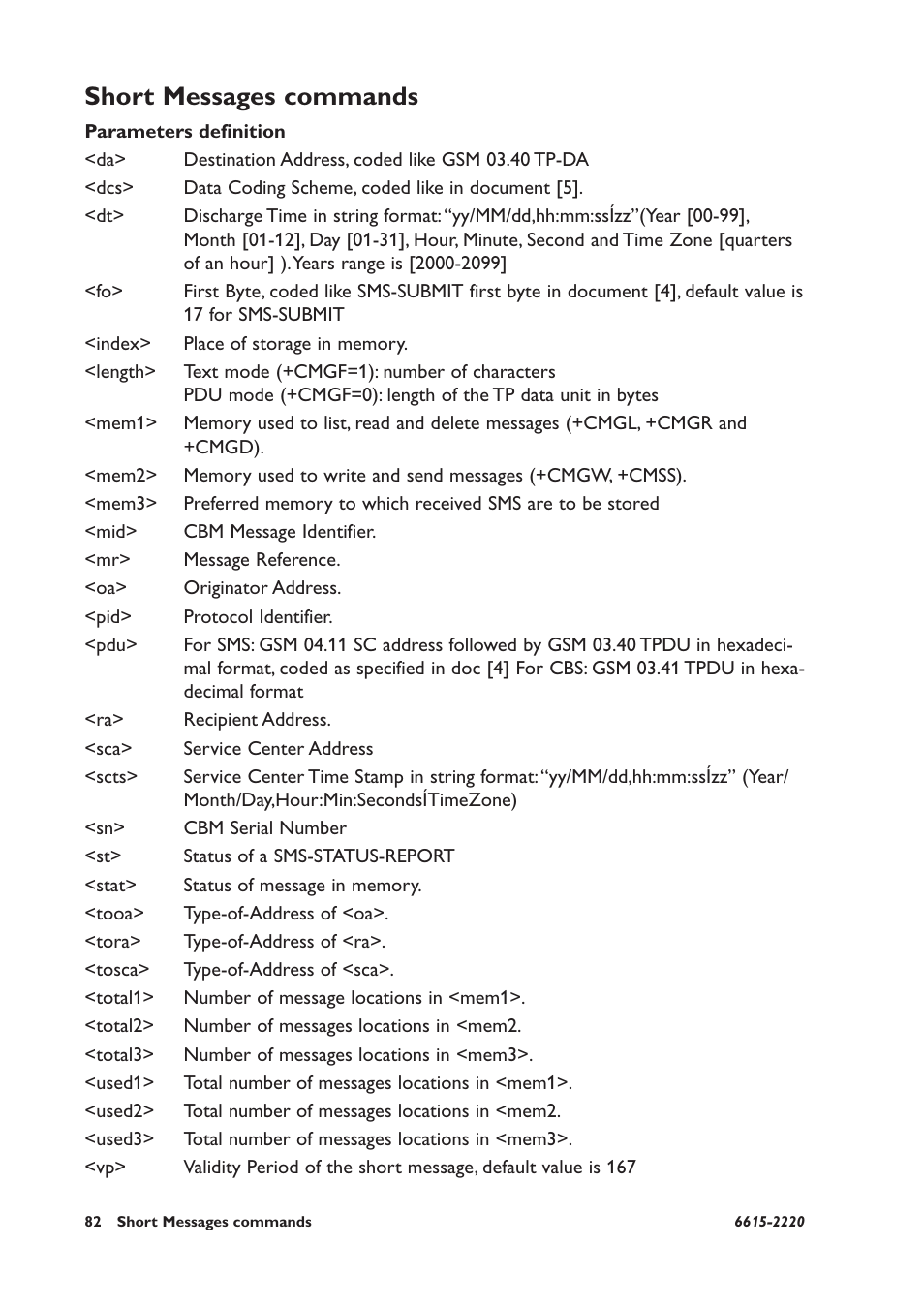 Short messages commands, Parameters definition | Westermo GDW-11 User Manual | Page 82 / 380
