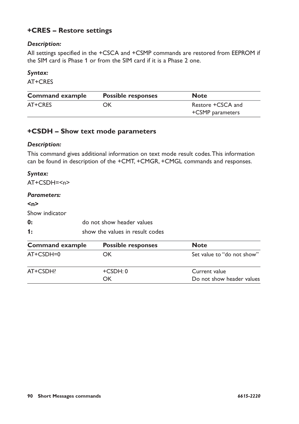 Cres – restore settings, Csdh – show text mode parameters | Westermo GDW-11 User Manual | Page 90 / 380