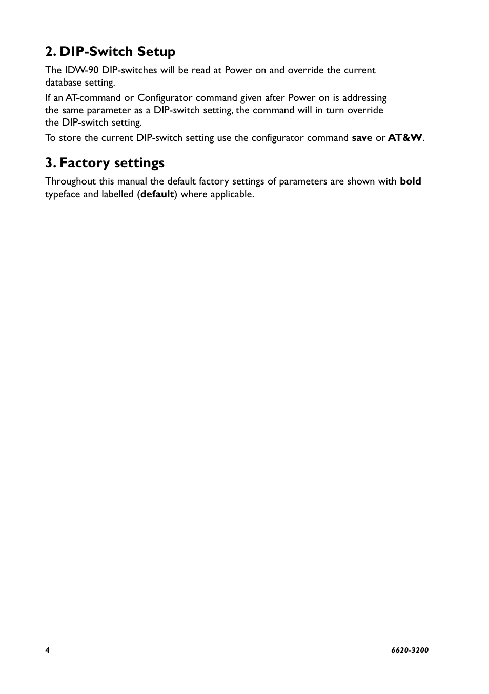 Dip-switch setup, Factory settings | Westermo IDW-90 AT User Manual | Page 4 / 97