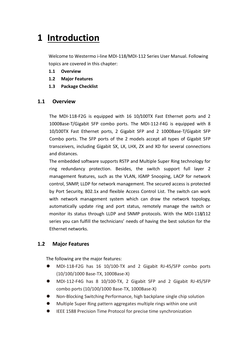 Introduction, Overview, Major features | 1 introduction | Westermo MDI-112-F4G User Manual | Page 6 / 175