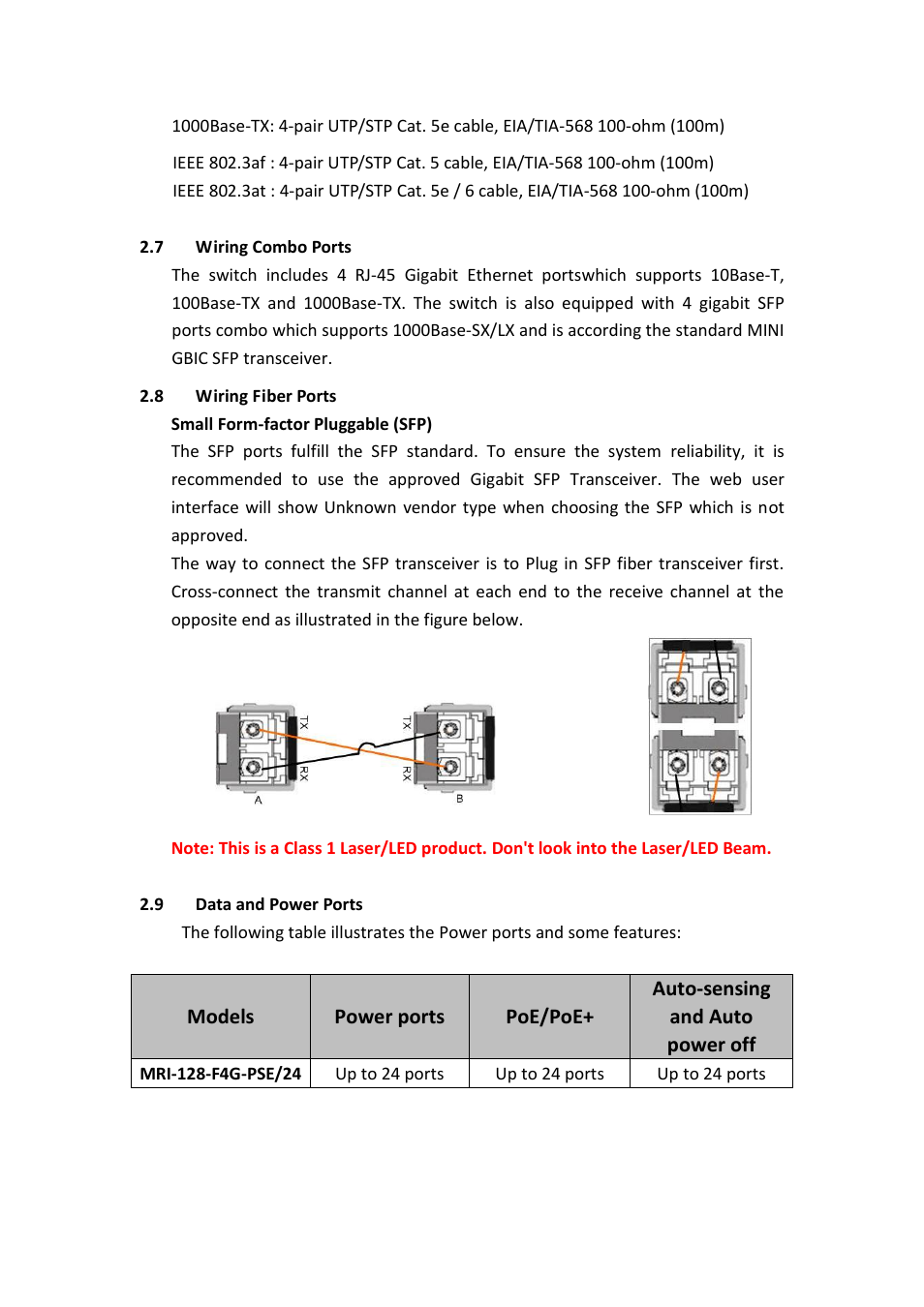 Wiring combo ports, Wiring fiber ports, Data and power ports | Westermo MRI-128-F4G-PSE24 User Manual | Page 13 / 169