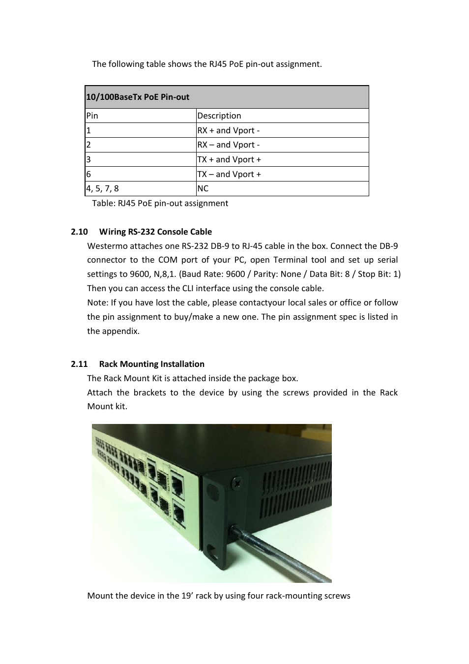 Wiring rs-232 console cable, Rack mounting installation | Westermo MRI-128-F4G-PSE24 User Manual | Page 14 / 169