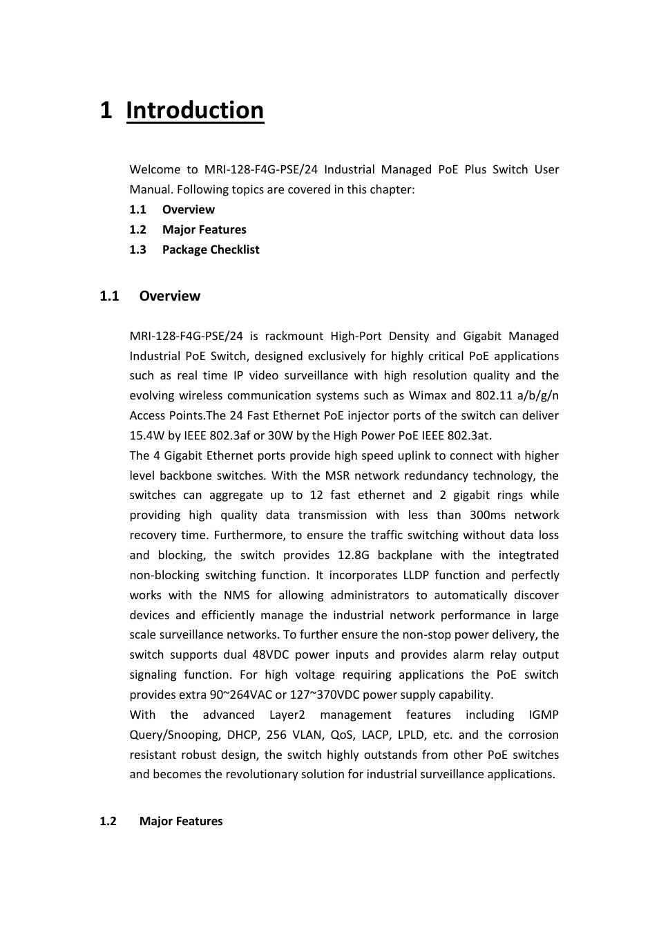 Introduction 1.1, Overview, Major features | 1 introduction | Westermo MRI-128-F4G-PSE24 User Manual | Page 6 / 169