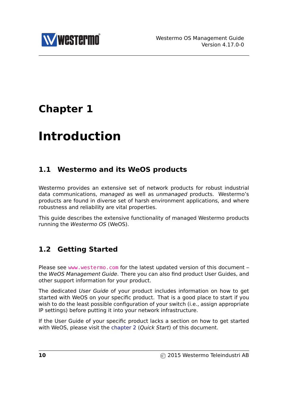 1 introduction, 1 westermo and its weos products, 2 getting started | Introduction, Chapter 1 | Westermo RedFox Series User Manual | Page 10 / 977