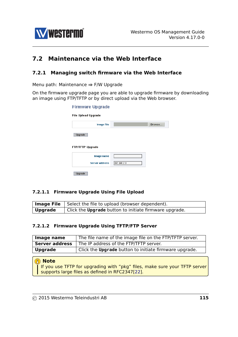 2 maintenance via the web interface, Sections 7.2, Section 7.2.1 | Westermo RedFox Series User Manual | Page 115 / 977
