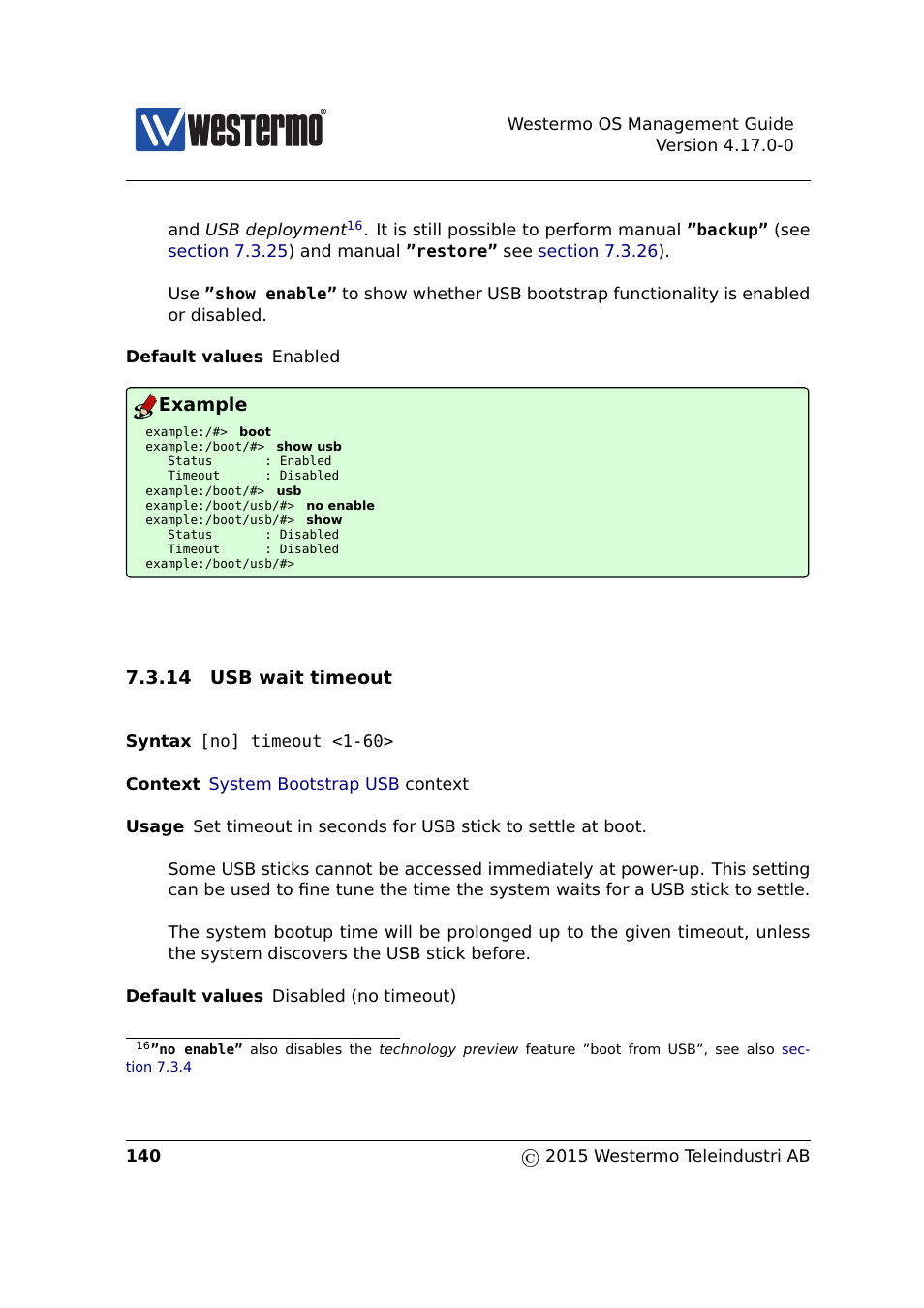 Section 7.3.14, Example, 14 usb wait timeout | Westermo RedFox Series User Manual | Page 140 / 977