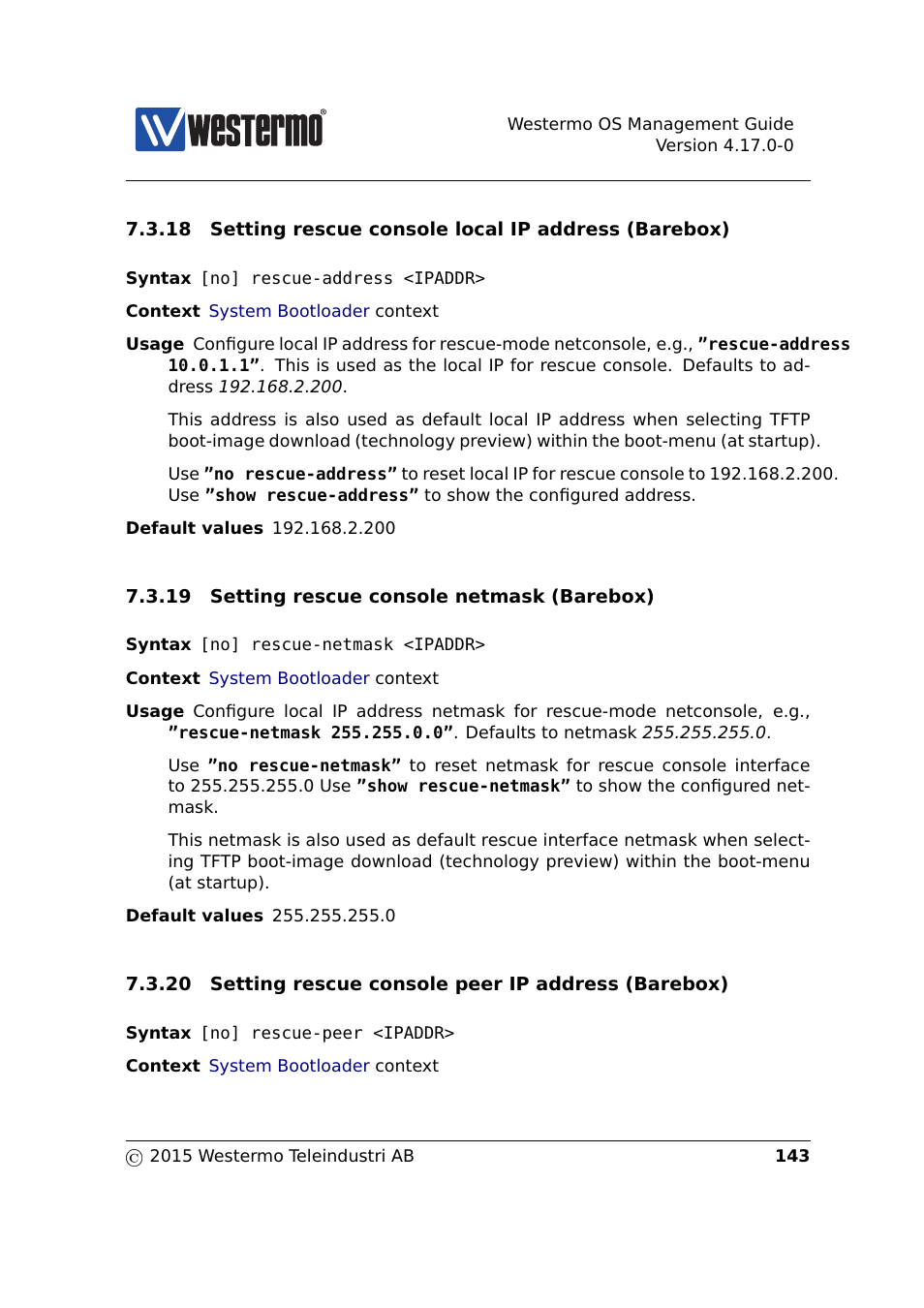 Section 7.3.18, Section 7.3.19, Section 7.3.20 | Westermo RedFox Series User Manual | Page 143 / 977