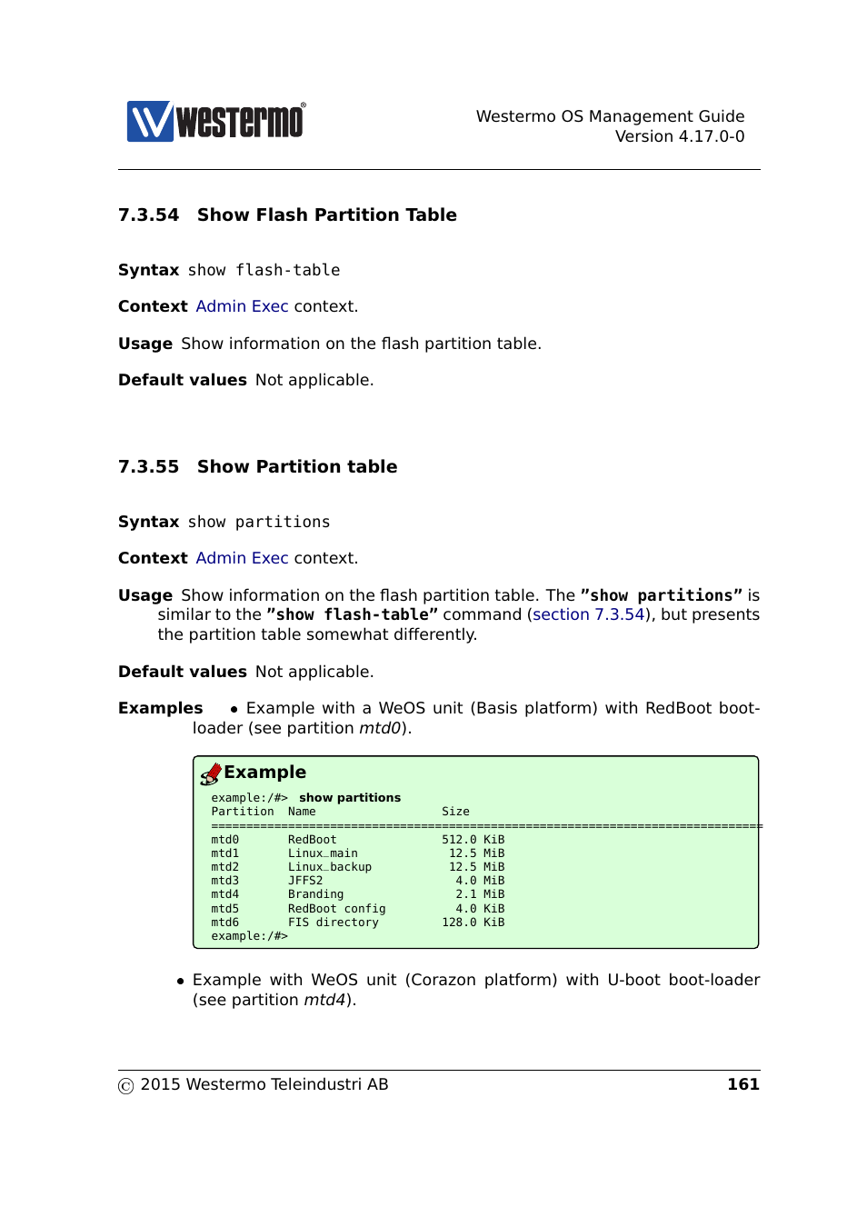 Section 7.3.55, Section 7.3.54, 54 show flash partition table | 55 show partition table, Example | Westermo RedFox Series User Manual | Page 161 / 977