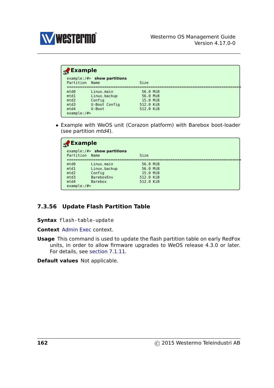 Section 7.3.56, Example, 56 update flash partition table | Westermo RedFox Series User Manual | Page 162 / 977