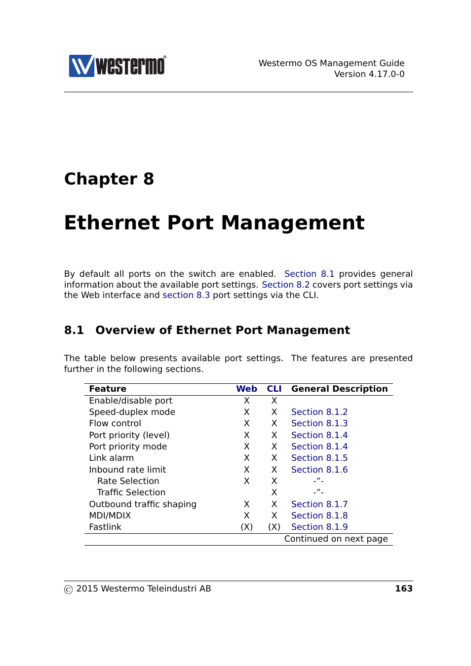 8 ethernet port management, 1 overview of ethernet port management, Chapters 8 | Ethernet port management, Chapter 8 | Westermo RedFox Series User Manual | Page 163 / 977